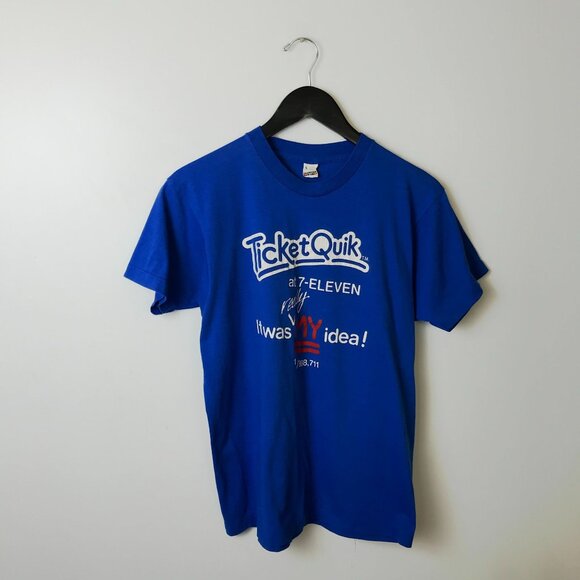 Vintage 80s 7-Eleven Ticket Quik T-Shirt M Blue Screen Stars Single Stitch - Picture 10 of 15